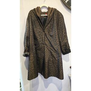 Gallery Woman Women's 3XL Animal Print Long Overcoat Brown Casual with Hoodie